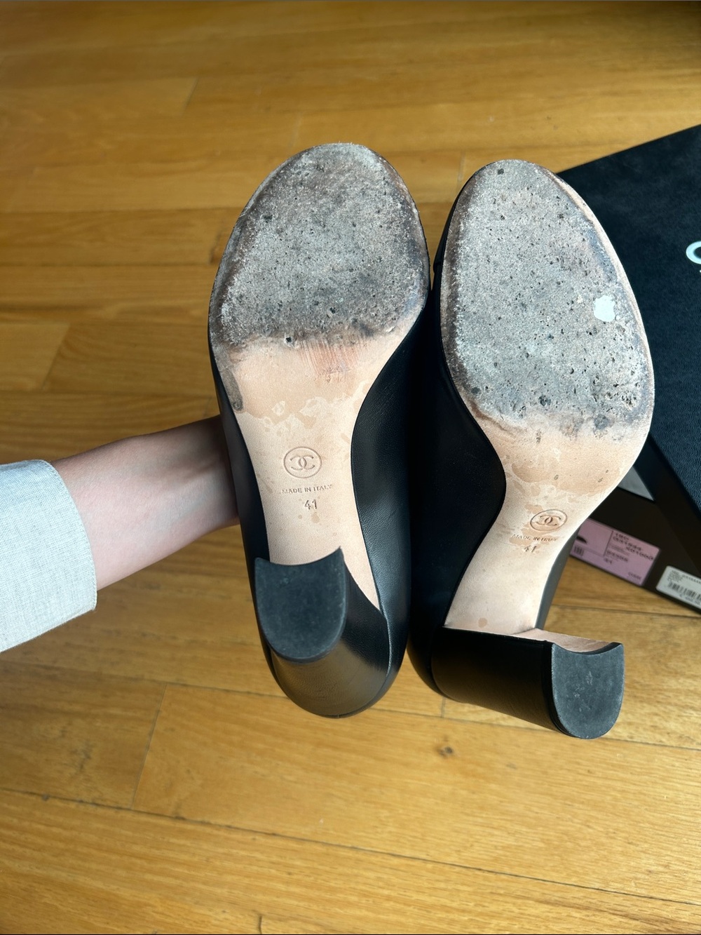 CHANEL Black Leather Camellia Detail Pumps - Picture 6 of 6